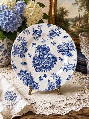 Churchill England Blue‎ White Transferware Plate 10" Victorian Scene NWOT